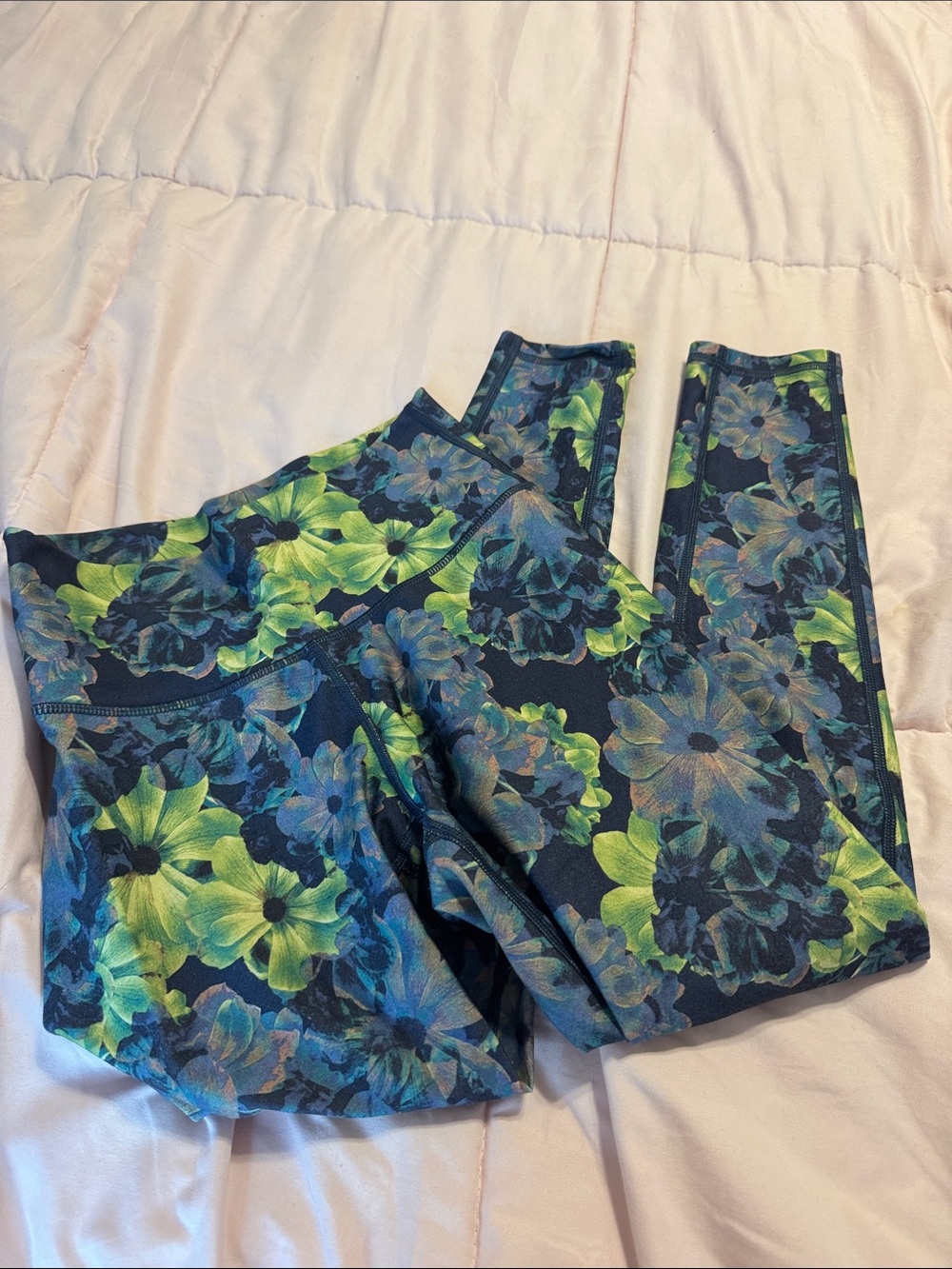 Fabletics Navy Blue Floral Leggings with Green Accents